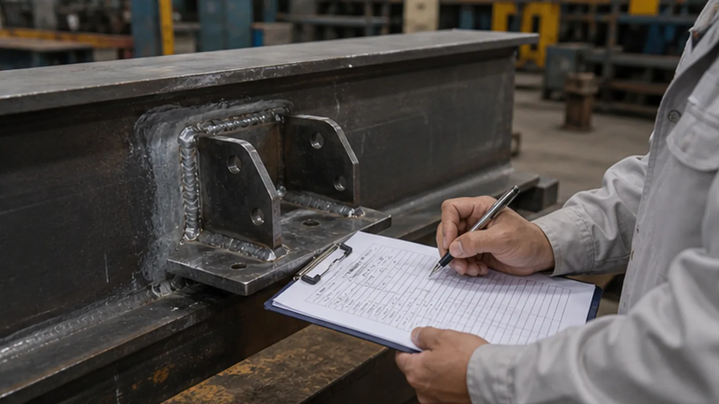 Steel structure repair closeout checklist shown as steel structure quality document package with MTC, heat number traceability, welding records, coating DFT report, NCR closeout file, and shipment handover list
