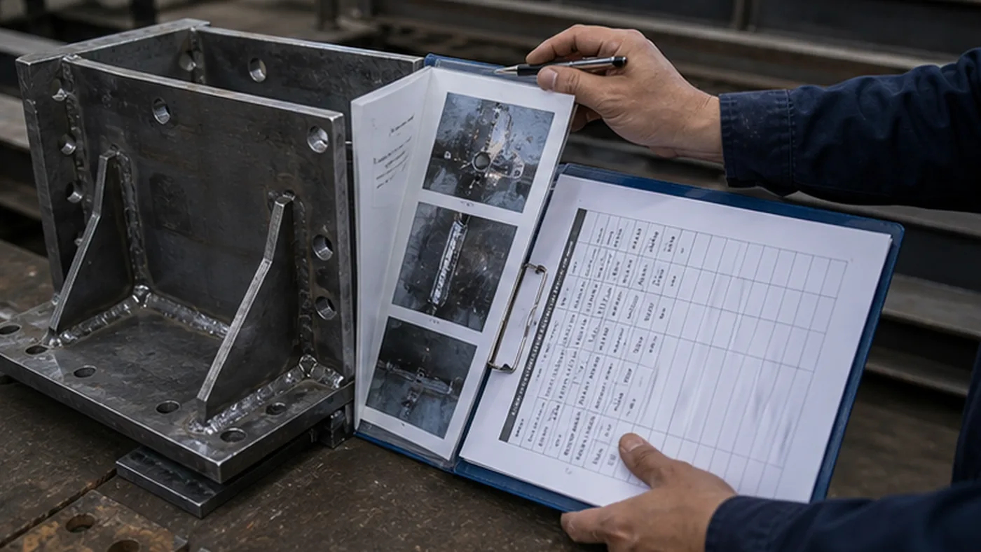 Steel structure repair evidence checklist shown as steel structure quality document package with MTC, heat number traceability, welding records, coating DFT report, NCR closeout file, and shipment handover list