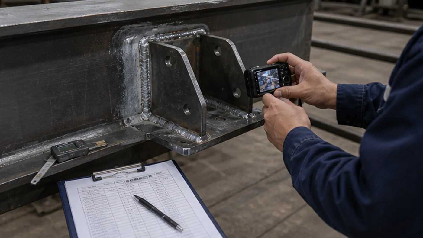 Steel structure repair photo record checklist shown as steel structure quality document package with MTC, heat number traceability, welding records, coating DFT report, NCR closeout file, and shipment handover list