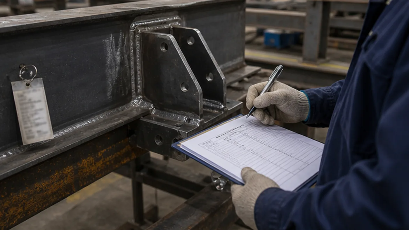 Steel structure repair release register checklist shown as steel structure quality document package with MTC, heat number traceability, welding records, coating DFT report, NCR closeout file, and shipment handover list