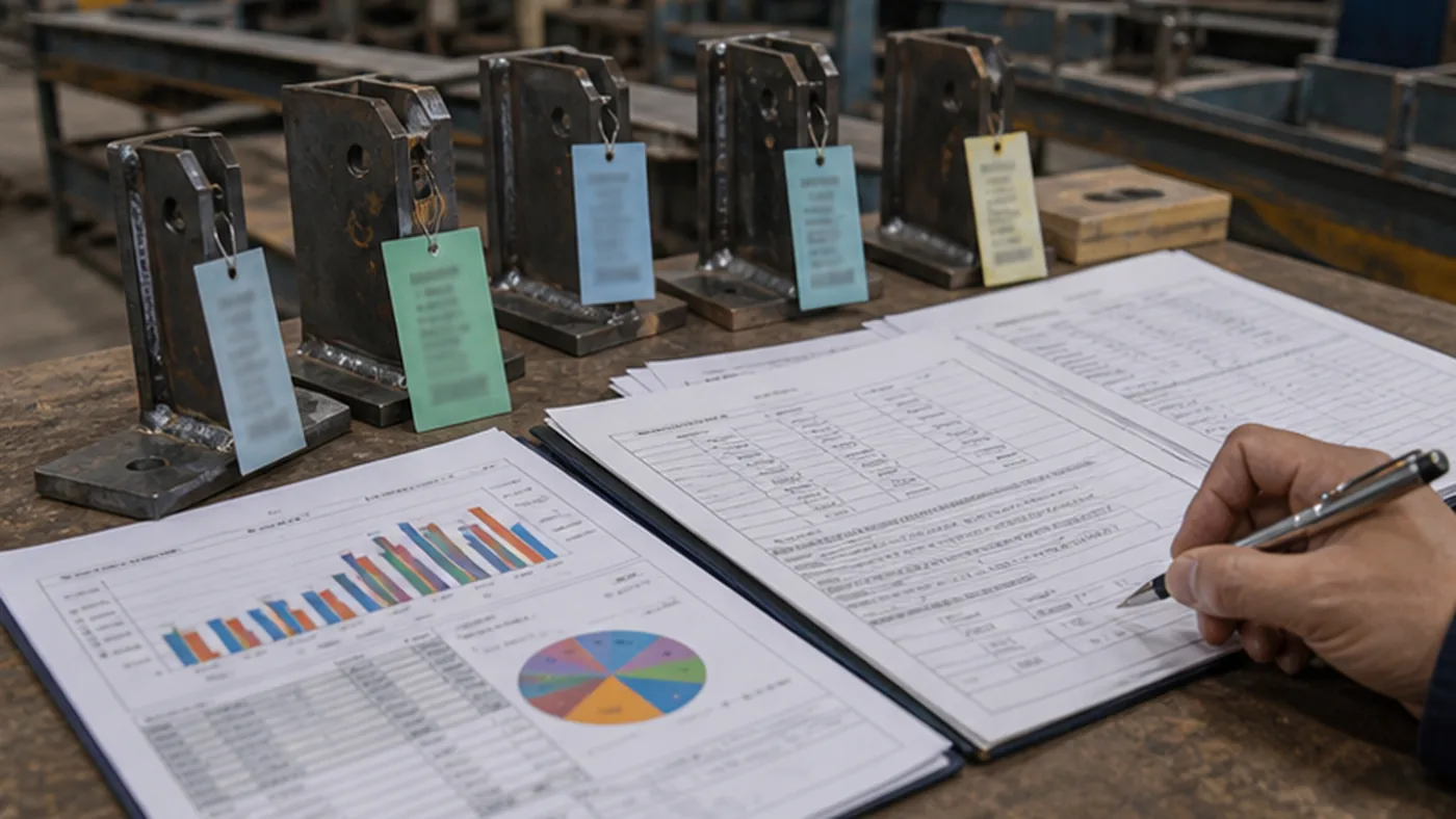 Steel structure repeated NCR tracking checklist shown as steel structure quality document package with MTC, heat number traceability, welding records, coating DFT report, NCR closeout file, and shipment handover list