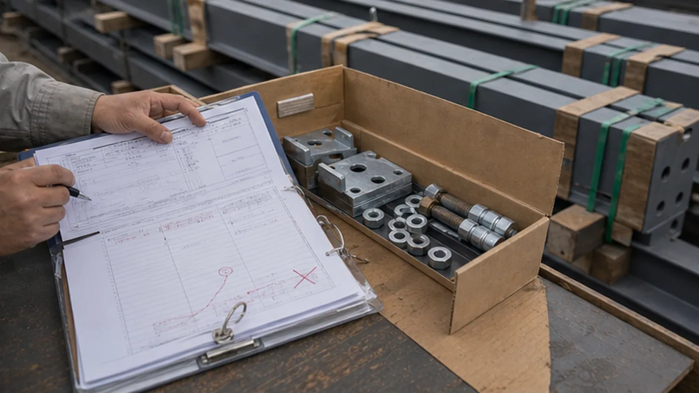 Steel structure replacement parts request checklist for EPC sites shown as steel structure export packing evidence with component marks, bundle labels, bolt box labels, packing list, and container loading photos