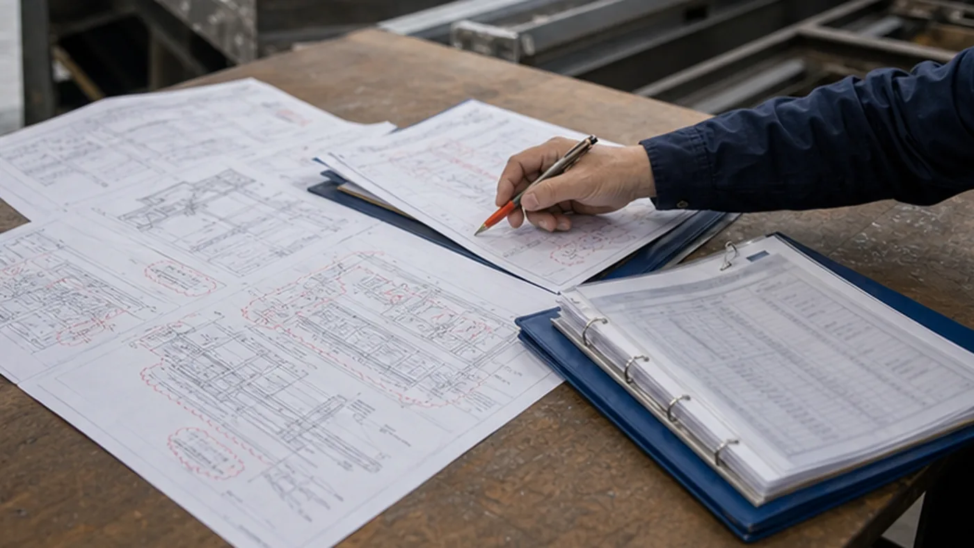 Steel structure revision control checklist for fabrication drawings shown as steel structure RFQ drawing package review with member schedule, connection details, coating notes, and delivery terms