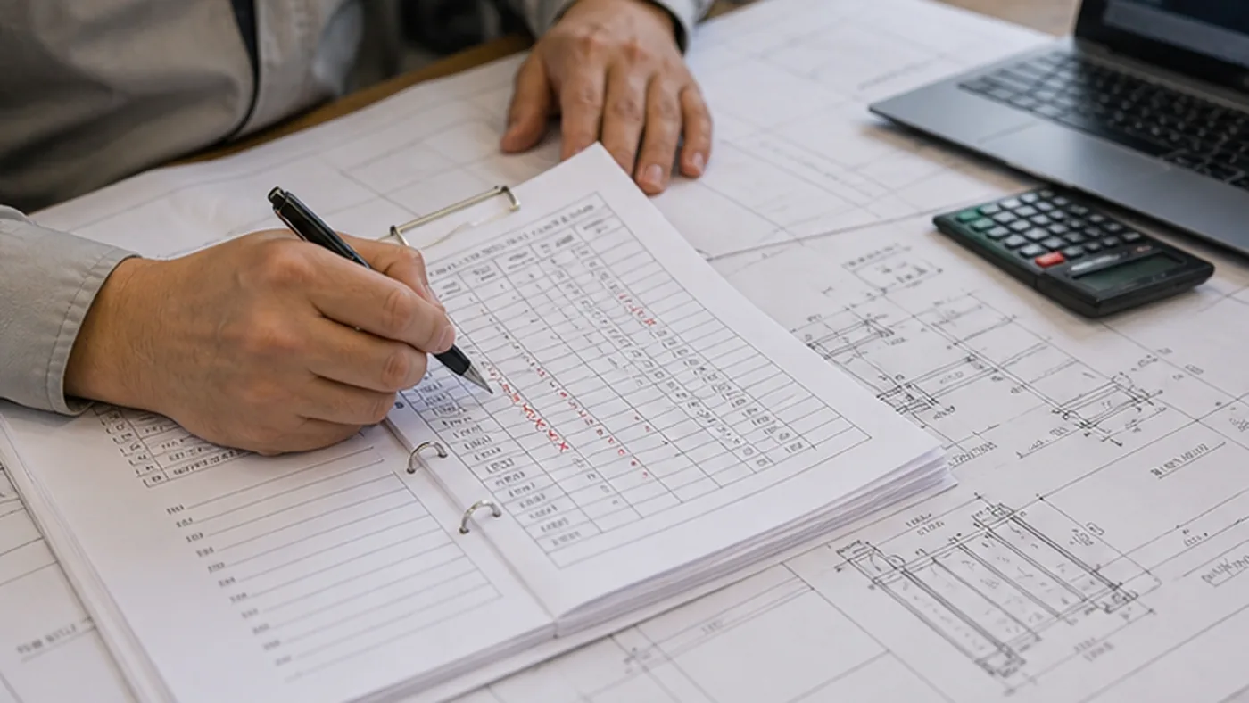 Steel structure RFQ exclusion list checklist shown as steel structure RFQ drawing package review with member schedule, connection details, coating notes, and delivery terms