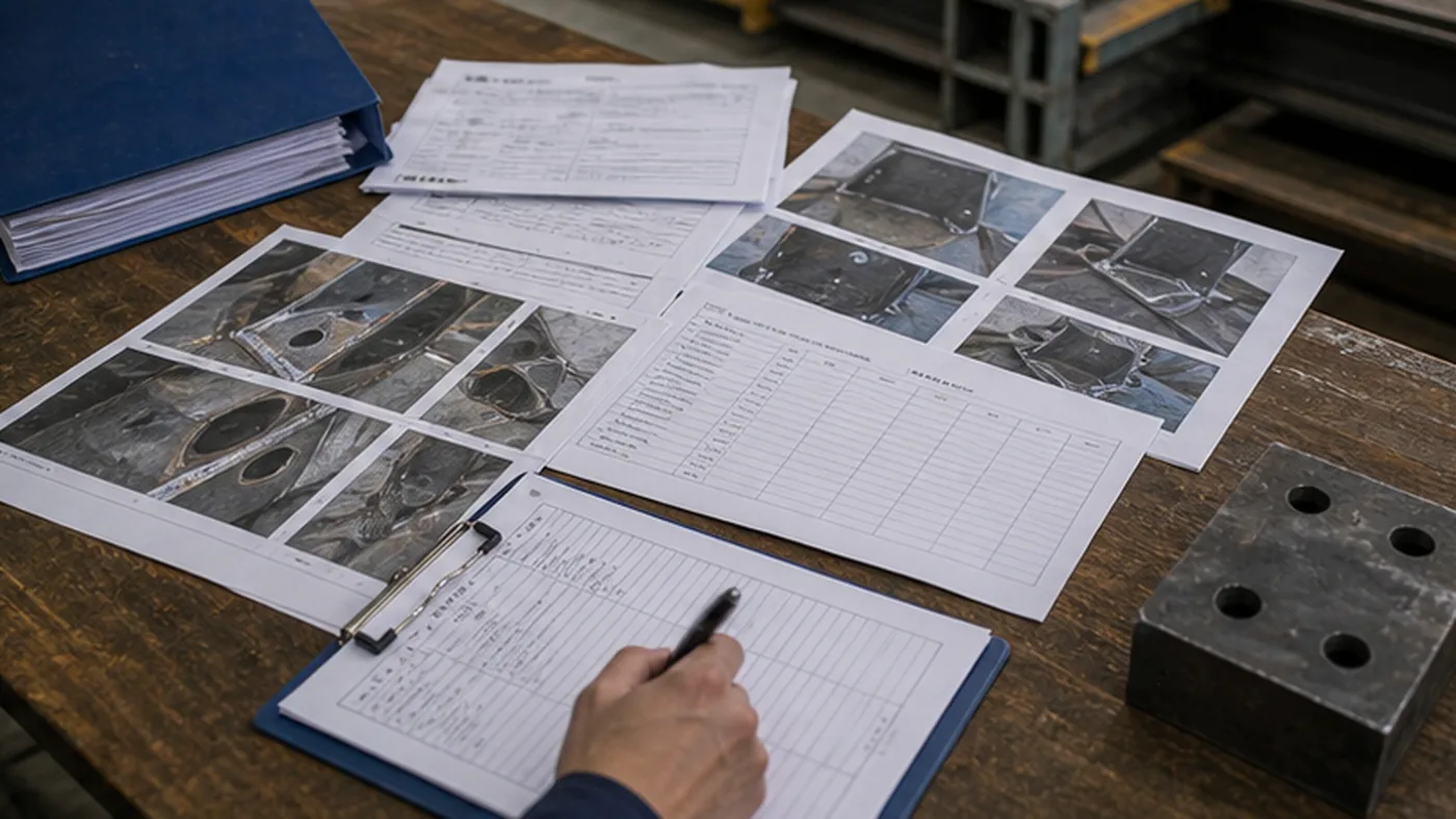 Steel structure SCAR response checklist shown as steel structure quality document package with MTC, heat number traceability, welding records, coating DFT report, NCR closeout file, and shipment handover list