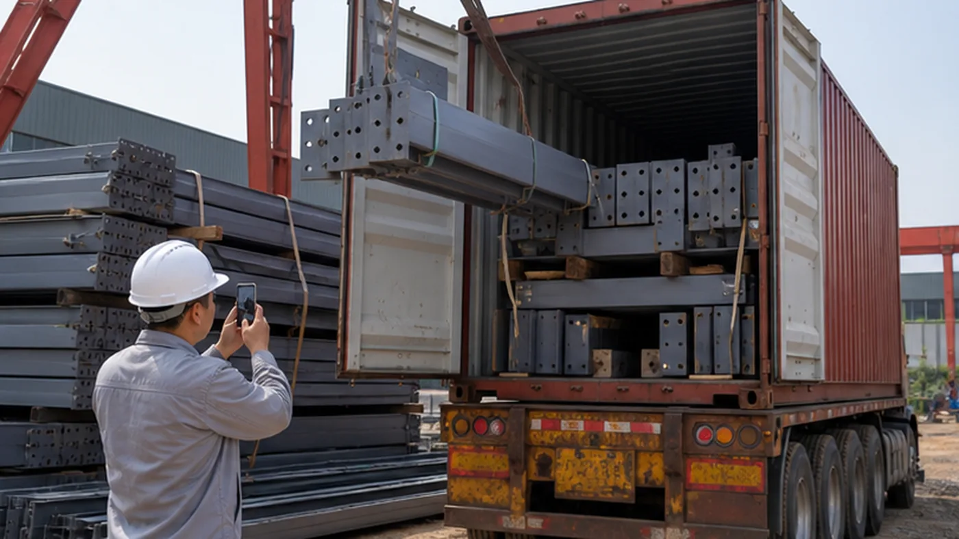 Steel structure shipment photo record checklist shown as steel structure export packing evidence with component marks, bundle labels, bolt box labels, packing list, and container loading photos