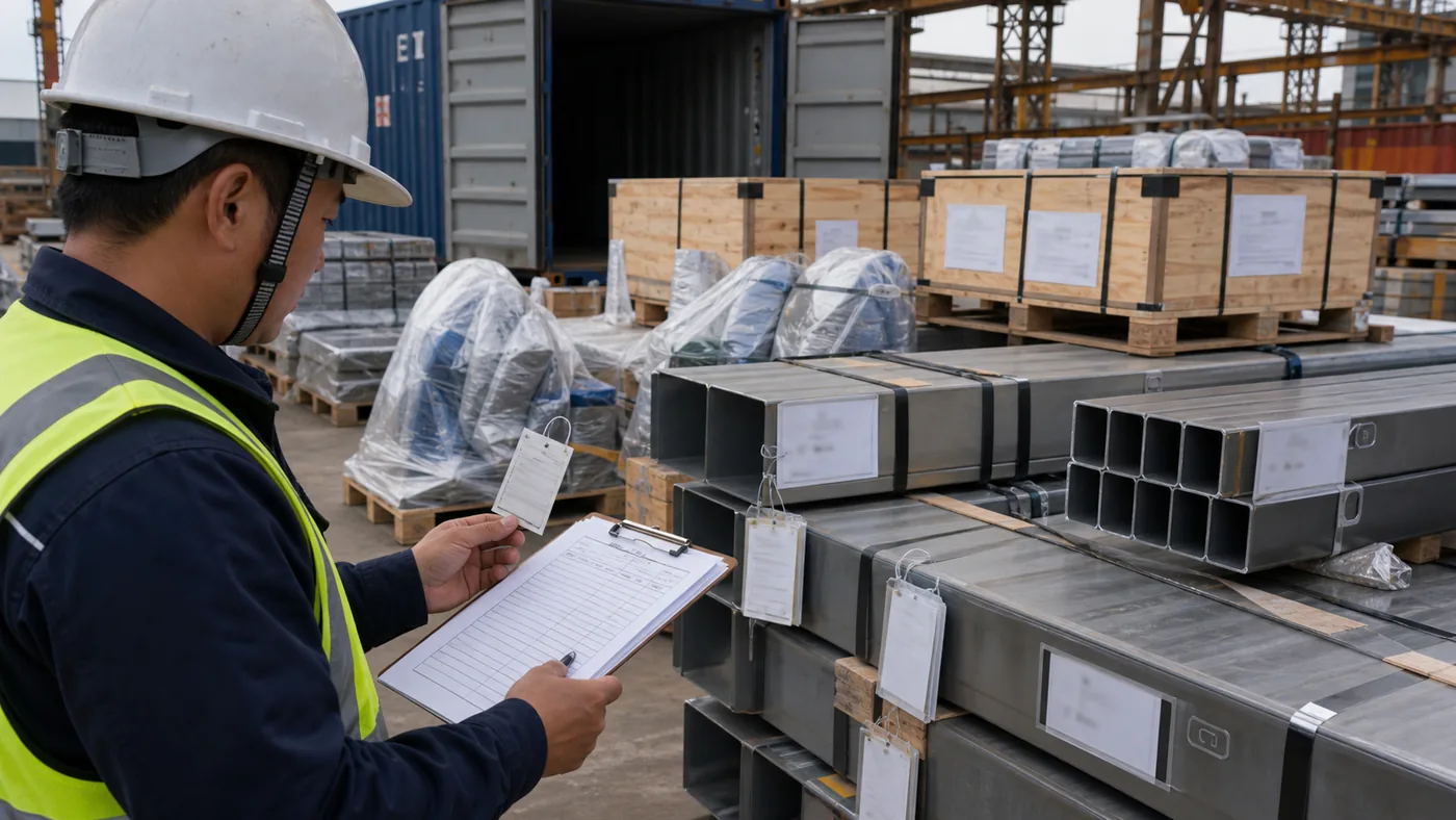 Steel structure shipping mark checklist for export packing - inspector checking package labels and shipping marks before container loading