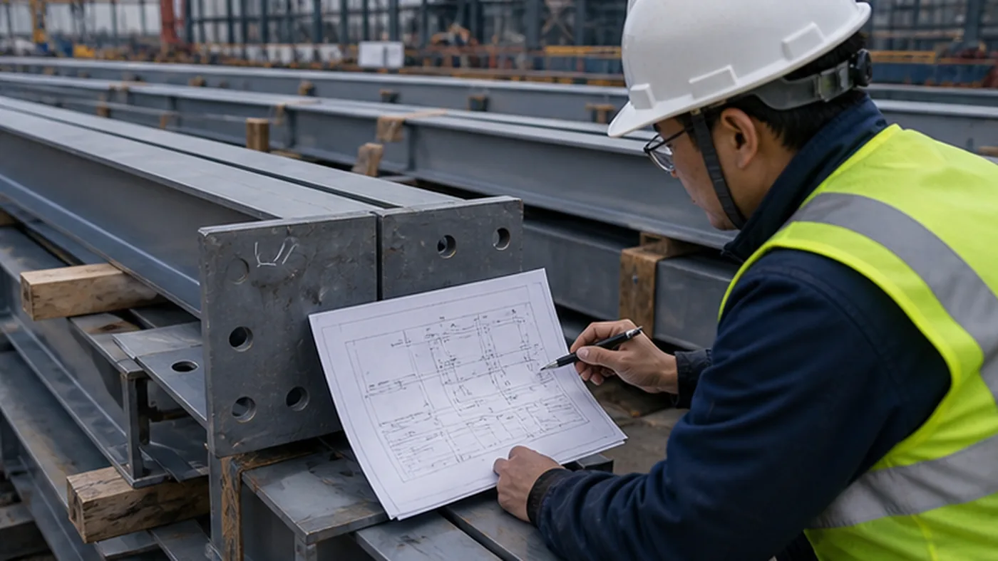 Steel structure site discrepancy report checklist shown as steel structure export packing evidence with component marks, bundle labels, bolt box labels, packing list, and container loading photos
