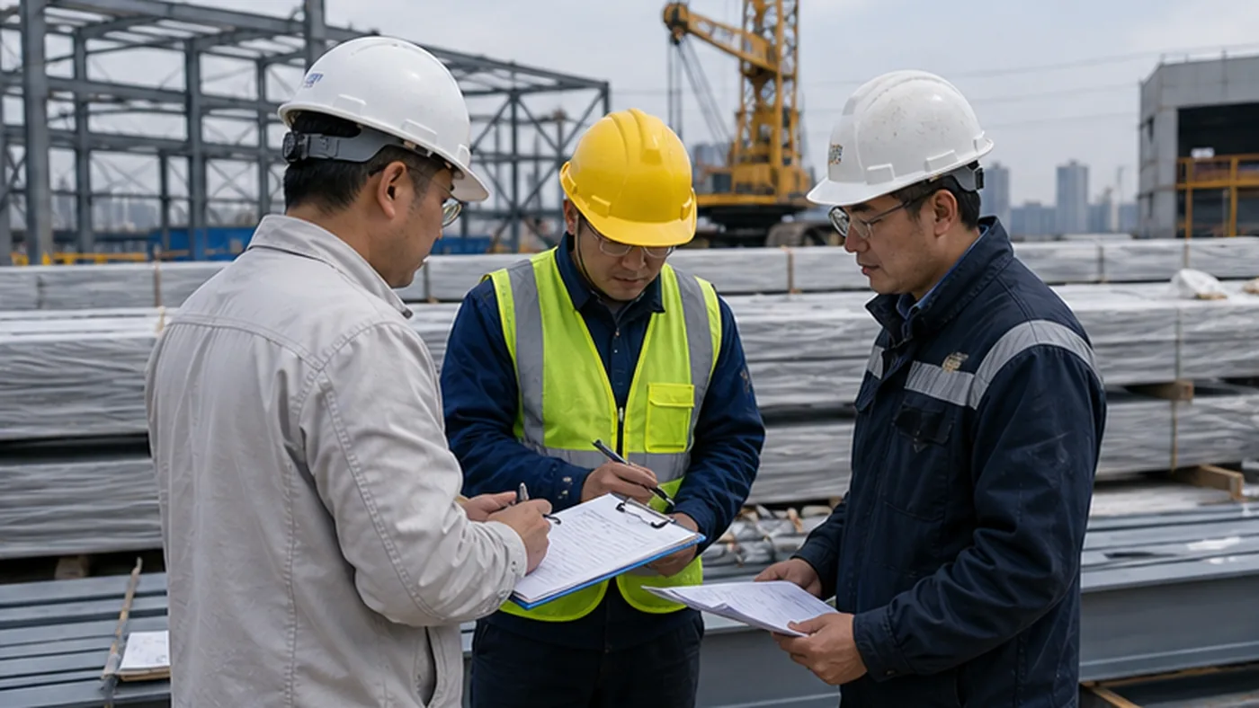Steel structure site handover discrepancy checklist shown as steel structure export packing evidence with component marks, bundle labels, bolt box labels, packing list, and container loading photos