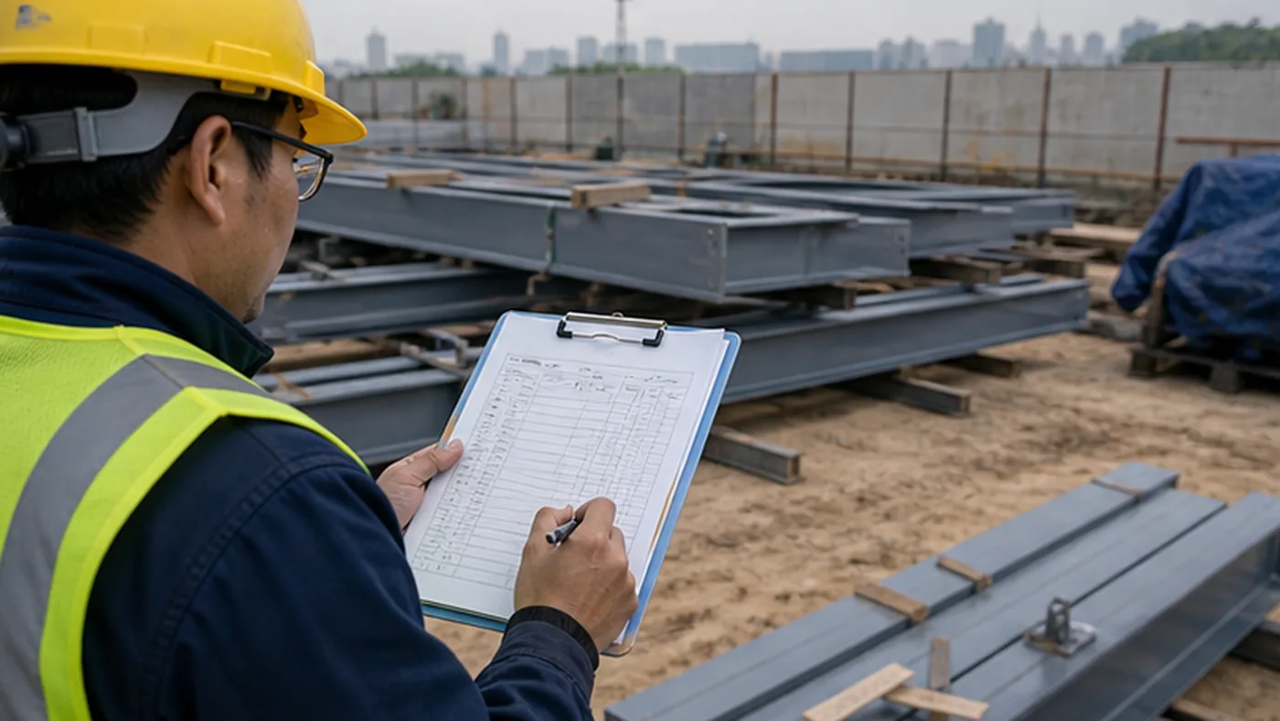 Steel structure site issue log template for EPC projects shown as steel structure export packing evidence with component marks, bundle labels, bolt box labels, packing list, and container loading photos