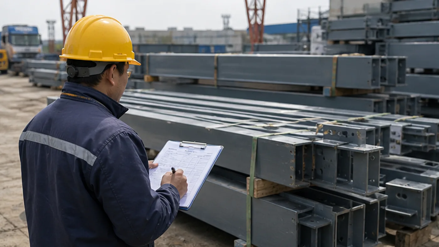 Steel structure site material control checklist shown as steel structure export packing evidence with component marks, bundle labels, bolt box labels, packing list, and container loading photos