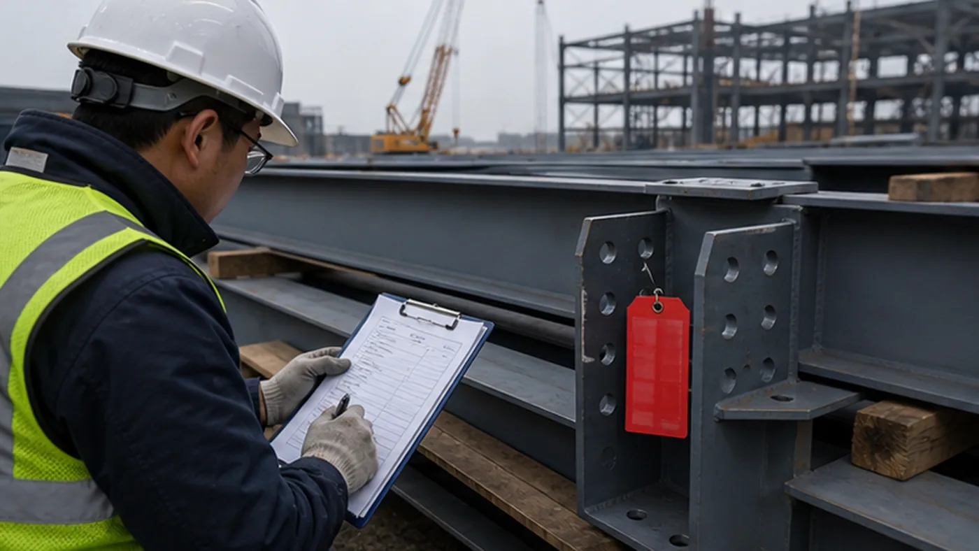 Steel structure site quality hold checklist shown as steel structure quality document package with MTC, heat number traceability, welding records, coating DFT report, NCR closeout file, and shipment handover list