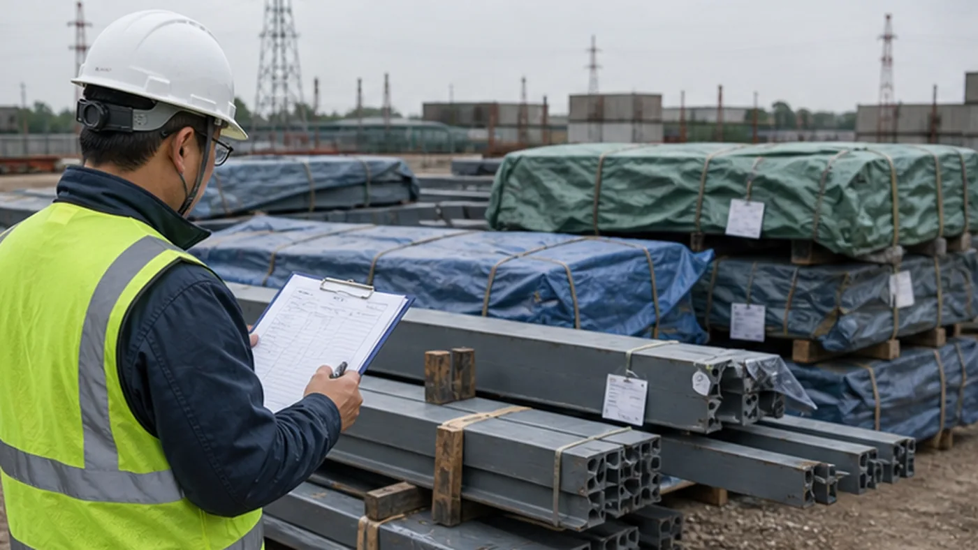 Steel structure site storage checklist for delivered components shown as steel structure export packing evidence with component marks, bundle labels, bolt box labels, packing list, and container loading photos