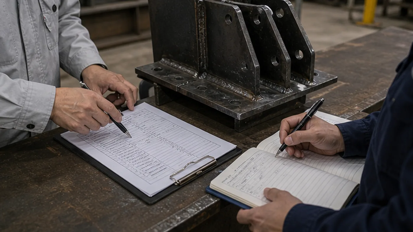 Steel structure supplier corrective action checklist shown as steel structure quality document package with MTC, heat number traceability, welding records, coating DFT report, NCR closeout file, and shipment handover list