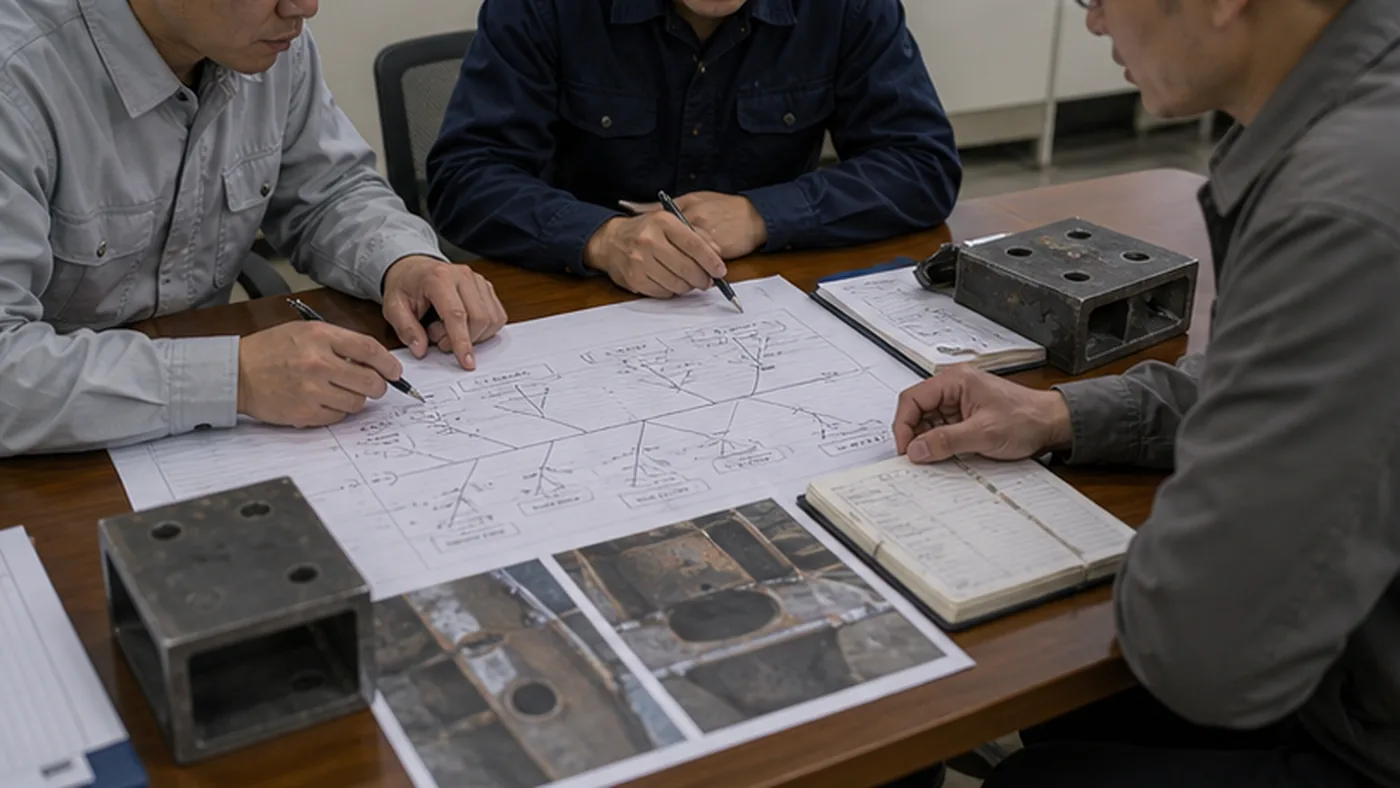 Steel structure supplier root cause analysis checklist shown as steel structure quality document package with MTC, heat number traceability, welding records, coating DFT report, NCR closeout file, and shipment handover list