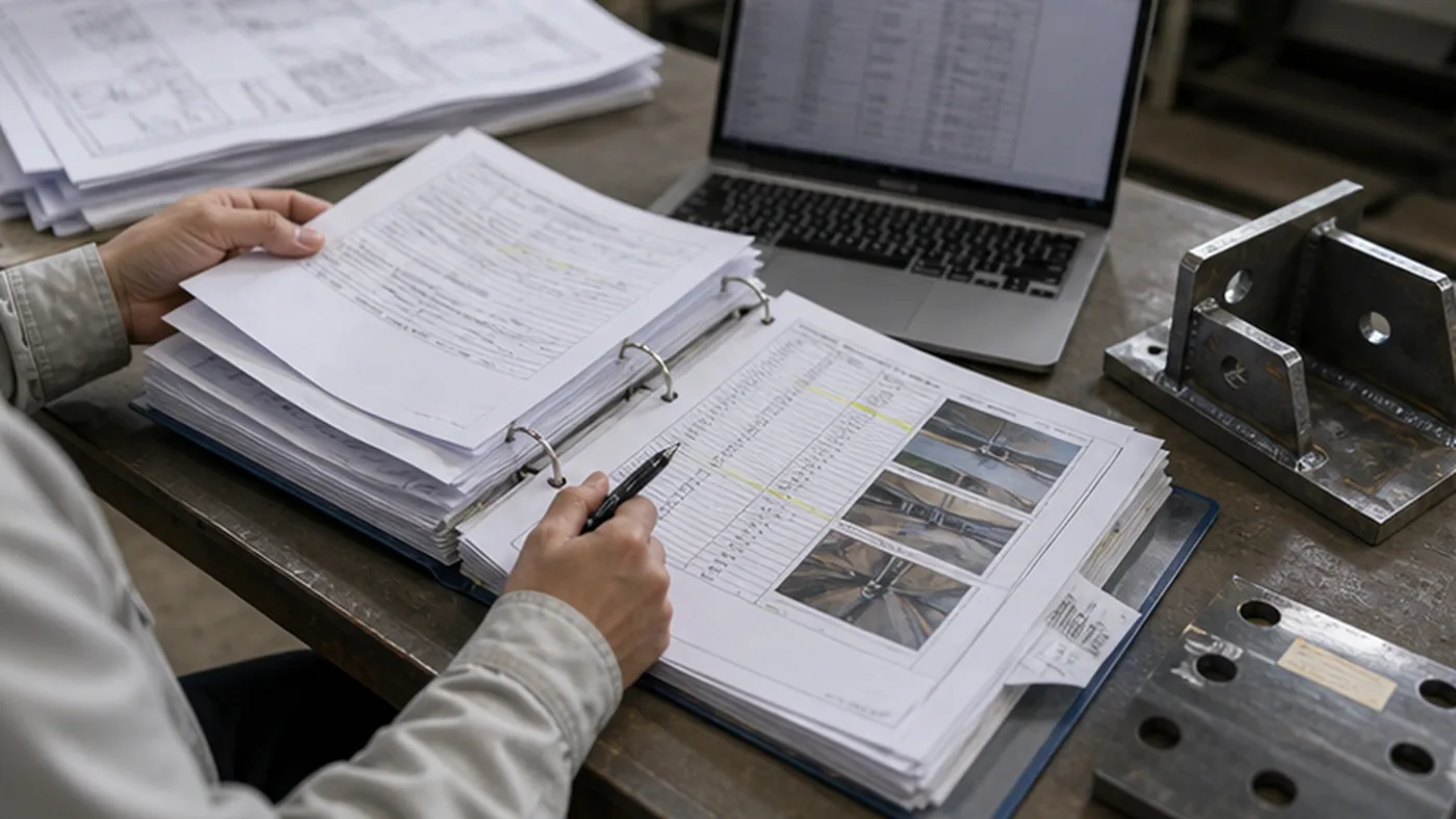 Steel structure TPI report review checklist shown as steel structure fabricator evaluation scorecard with production capacity, document response, export packing, and quotation clarity review