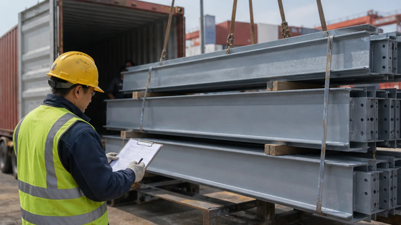 Steel structure unloading checklist for export shipments shown as steel structure export packing evidence with component marks, bundle labels, bolt box labels, packing list, and container loading photos