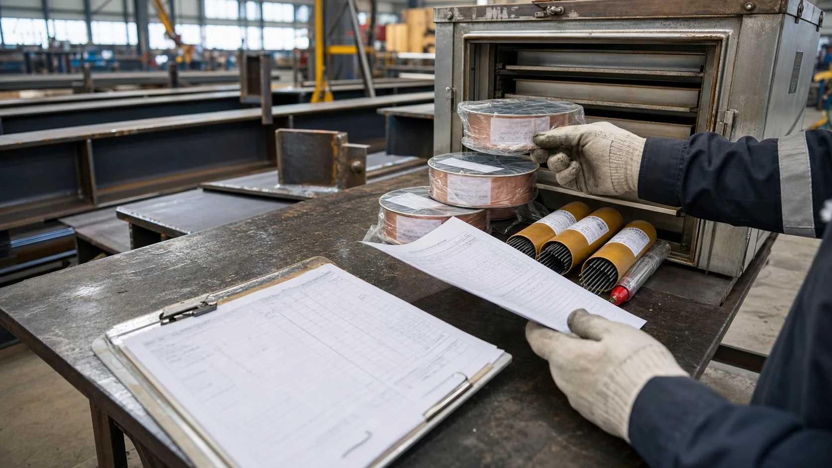 Steel structure welding consumable control checklist with wire spools, electrode containers, rod oven, batch labels, and issue records