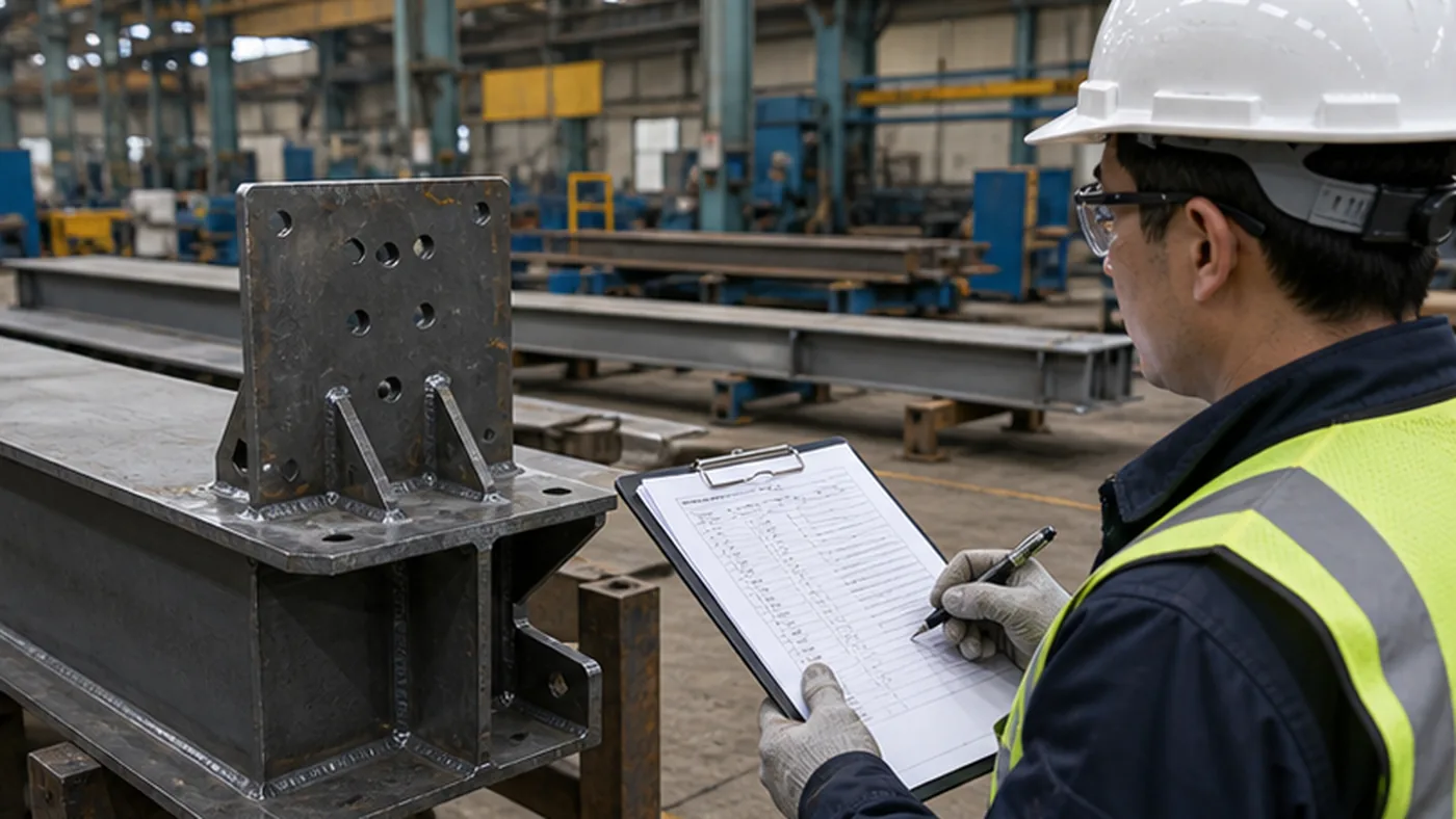 Steel structure third party inspection comment checklist shown as steel structure fabricator evaluation scorecard with production capacity, document response, export packing, and quotation clarity review