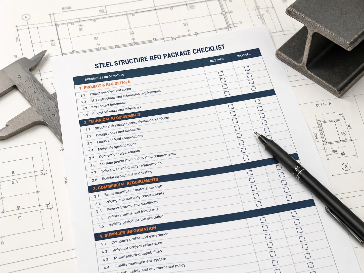 Illustrative steel structure RFQ package checklist on drawings